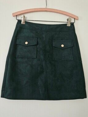 LOFT Petite Womens Skirt 0P Faux Suede Mini Pocket Front Forest Green Boho 70s